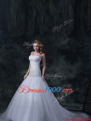 White Column/Sheath Beading and Appliques Wedding Dress Lace Up Tulle Sleeveless With Train