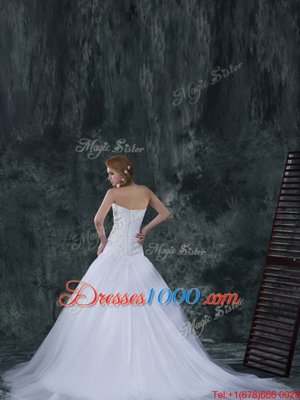 White Column/Sheath Beading and Appliques Wedding Dress Lace Up Tulle Sleeveless With Train