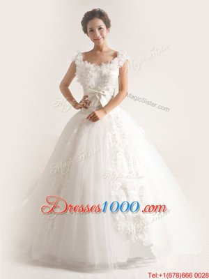 Nice Scoop Sleeveless Brush Train Lace and Appliques Lace Up Wedding Gowns
