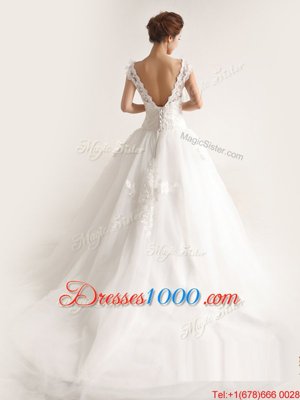 Nice Scoop Sleeveless Brush Train Lace and Appliques Lace Up Wedding Gowns
