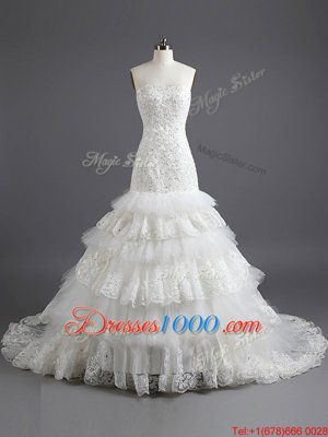 White Mermaid Ruffled Layers Bridal Gown Lace Up Tulle and Lace Sleeveless With Train