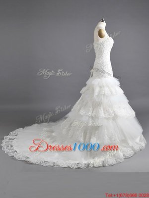 White Mermaid Ruffled Layers Bridal Gown Lace Up Tulle and Lace Sleeveless With Train