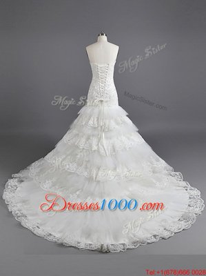 White Mermaid Ruffled Layers Bridal Gown Lace Up Tulle and Lace Sleeveless With Train
