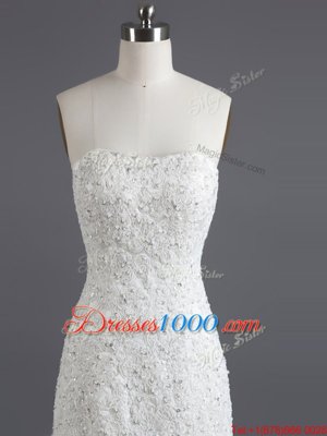 White Mermaid Ruffled Layers Bridal Gown Lace Up Tulle and Lace Sleeveless With Train