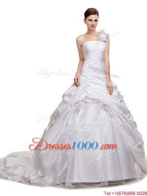 Elegant Ruching and Pick Ups Wedding Dresses White Lace Up Sleeveless With Train Court Train