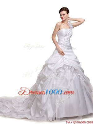 Elegant Ruching and Pick Ups Wedding Dresses White Lace Up Sleeveless With Train Court Train