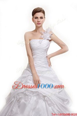 Elegant Ruching and Pick Ups Wedding Dresses White Lace Up Sleeveless With Train Court Train