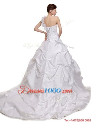 Elegant Ruching and Pick Ups Wedding Dresses White Lace Up Sleeveless With Train Court Train