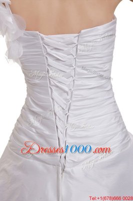 Elegant Ruching and Pick Ups Wedding Dresses White Lace Up Sleeveless With Train Court Train