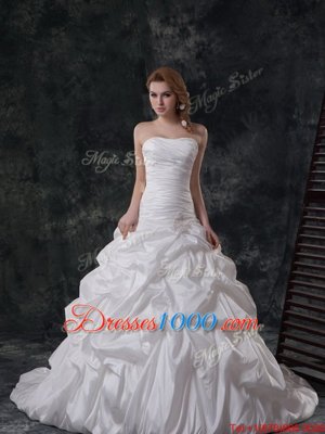 Glittering White Strapless Neckline Ruching and Pick Ups Wedding Dress Sleeveless Lace Up