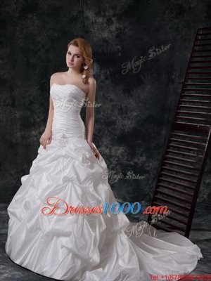 Glittering White Strapless Neckline Ruching and Pick Ups Wedding Dress Sleeveless Lace Up