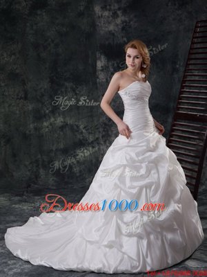 Glittering White Strapless Neckline Ruching and Pick Ups Wedding Dress Sleeveless Lace Up