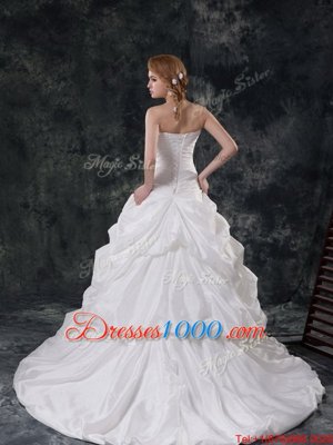 Glittering White Strapless Neckline Ruching and Pick Ups Wedding Dress Sleeveless Lace Up