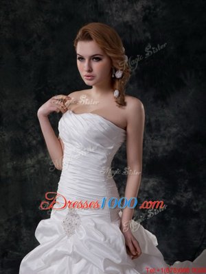 Glittering White Strapless Neckline Ruching and Pick Ups Wedding Dress Sleeveless Lace Up