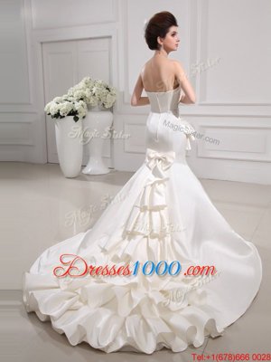 Edgy Mermaid Ruffled White Zipper Sweetheart Ruffles and Ruching Wedding Gowns Satin Sleeveless Court Train