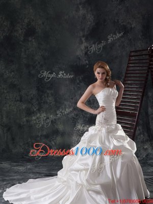 Mermaid White Strapless Neckline Beading and Ruching and Pick Ups Wedding Gowns Sleeveless Lace Up