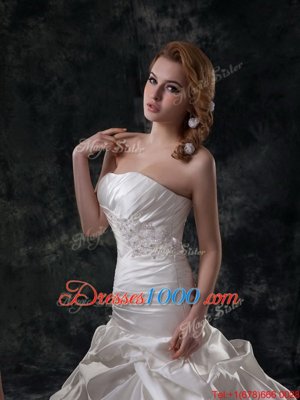 Mermaid White Strapless Neckline Beading and Ruching and Pick Ups Wedding Gowns Sleeveless Lace Up