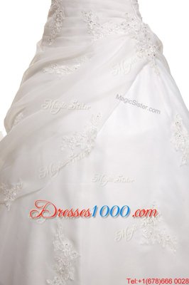 Luxurious White Lace Up Sweetheart Beading and Appliques Wedding Gown Organza Sleeveless Brush Train