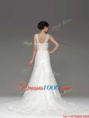 Dramatic Lace Up Wedding Gowns White and In for Wedding Party with Lace and Appliques Brush Train