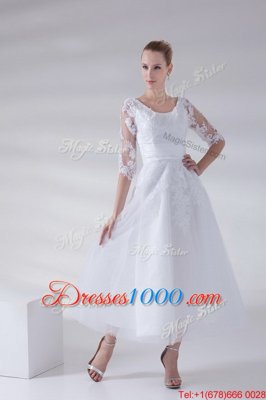 Trendy Scoop Ankle Length White Bridal Gown Tulle and Lace Sleeveless Lace and Appliques