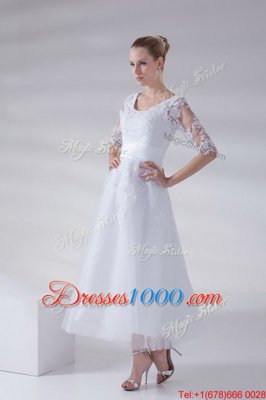 Trendy Scoop Ankle Length White Bridal Gown Tulle and Lace Sleeveless Lace and Appliques