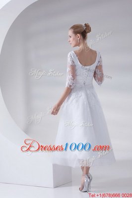 Trendy Scoop Ankle Length White Bridal Gown Tulle and Lace Sleeveless Lace and Appliques