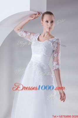 Trendy Scoop Ankle Length White Bridal Gown Tulle and Lace Sleeveless Lace and Appliques