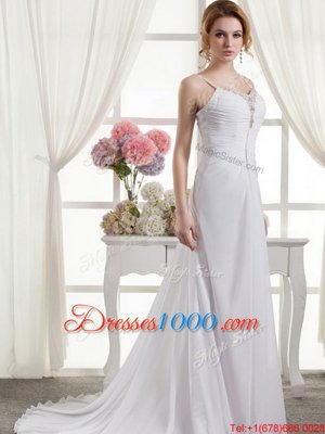 High Class Spaghetti Straps Sleeveless Wedding Gown Brush Train Beading and Ruching White Chiffon