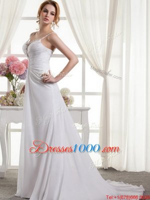 High Class Spaghetti Straps Sleeveless Wedding Gown Brush Train Beading and Ruching White Chiffon