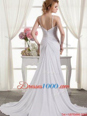 High Class Spaghetti Straps Sleeveless Wedding Gown Brush Train Beading and Ruching White Chiffon