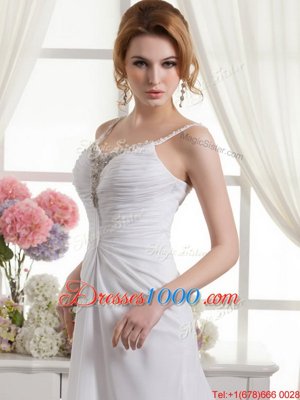 High Class Spaghetti Straps Sleeveless Wedding Gown Brush Train Beading and Ruching White Chiffon