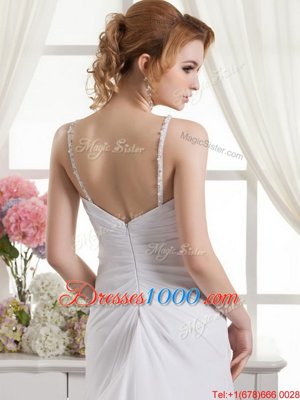 High Class Spaghetti Straps Sleeveless Wedding Gown Brush Train Beading and Ruching White Chiffon