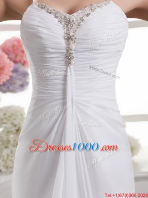 High Class Spaghetti Straps Sleeveless Wedding Gown Brush Train Beading and Ruching White Chiffon