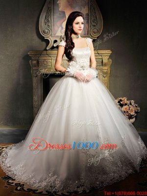 Custom Made White Cap Sleeves Brush Train Beading and Appliques With Train Wedding Dress