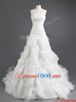White Organza Lace Up Wedding Dress Sleeveless With Train Court Train Beading and Ruffles