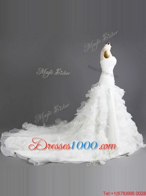 White Organza Lace Up Wedding Dress Sleeveless With Train Court Train Beading and Ruffles
