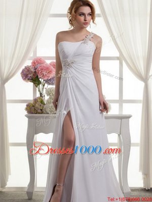 Low Price One Shoulder Sleeveless Chiffon Wedding Gown Beading and Ruching Lace Up