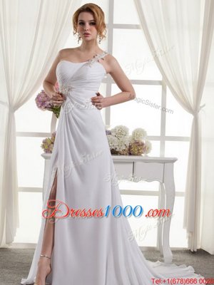 Low Price One Shoulder Sleeveless Chiffon Wedding Gown Beading and Ruching Lace Up