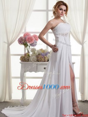 Low Price One Shoulder Sleeveless Chiffon Wedding Gown Beading and Ruching Lace Up