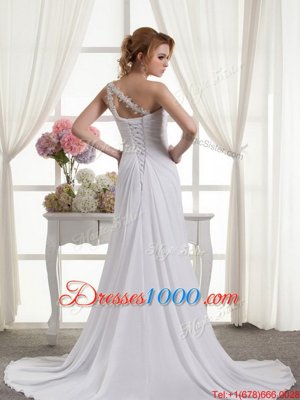 Low Price One Shoulder Sleeveless Chiffon Wedding Gown Beading and Ruching Lace Up