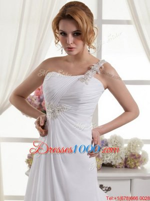 Low Price One Shoulder Sleeveless Chiffon Wedding Gown Beading and Ruching Lace Up