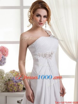 Low Price One Shoulder Sleeveless Chiffon Wedding Gown Beading and Ruching Lace Up