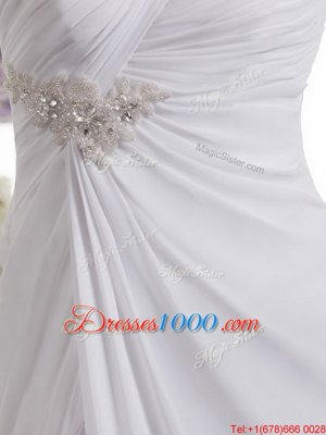 Low Price One Shoulder Sleeveless Chiffon Wedding Gown Beading and Ruching Lace Up