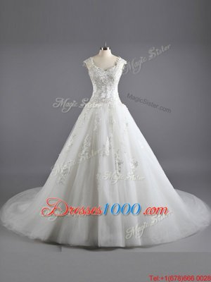 Stylish Tulle and Lace Straps Cap Sleeves Court Train Lace Up Lace and Appliques Wedding Dresses in White