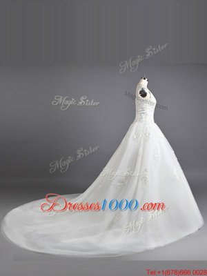 Stylish Tulle and Lace Straps Cap Sleeves Court Train Lace Up Lace and Appliques Wedding Dresses in White