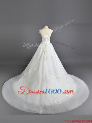 Stylish Tulle and Lace Straps Cap Sleeves Court Train Lace Up Lace and Appliques Wedding Dresses in White