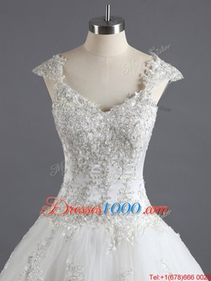Stylish Tulle and Lace Straps Cap Sleeves Court Train Lace Up Lace and Appliques Wedding Dresses in White