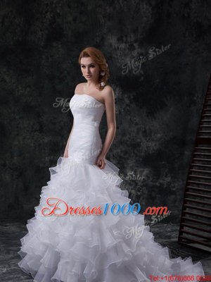 Best Selling White Mermaid Strapless Sleeveless Organza Brush Train Lace Up Ruffles and Ruching Wedding Dress