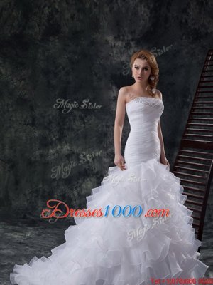 Best Selling White Mermaid Strapless Sleeveless Organza Brush Train Lace Up Ruffles and Ruching Wedding Dress