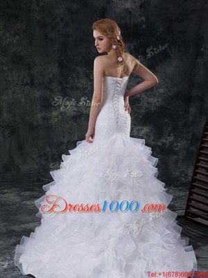 Best Selling White Mermaid Strapless Sleeveless Organza Brush Train Lace Up Ruffles and Ruching Wedding Dress